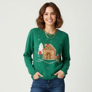 Ugly Christmas Sweater Gingerbread House Embroidered Green Women sz L 12-14